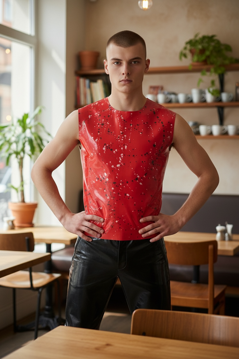 Latex101 Fantasy Print Latex Shirt – Kinky Red Open Arms Design (Size M)