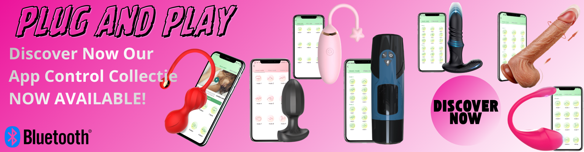 Promotional banner for app-controlled devices with smartphone screens and text on a pink background.