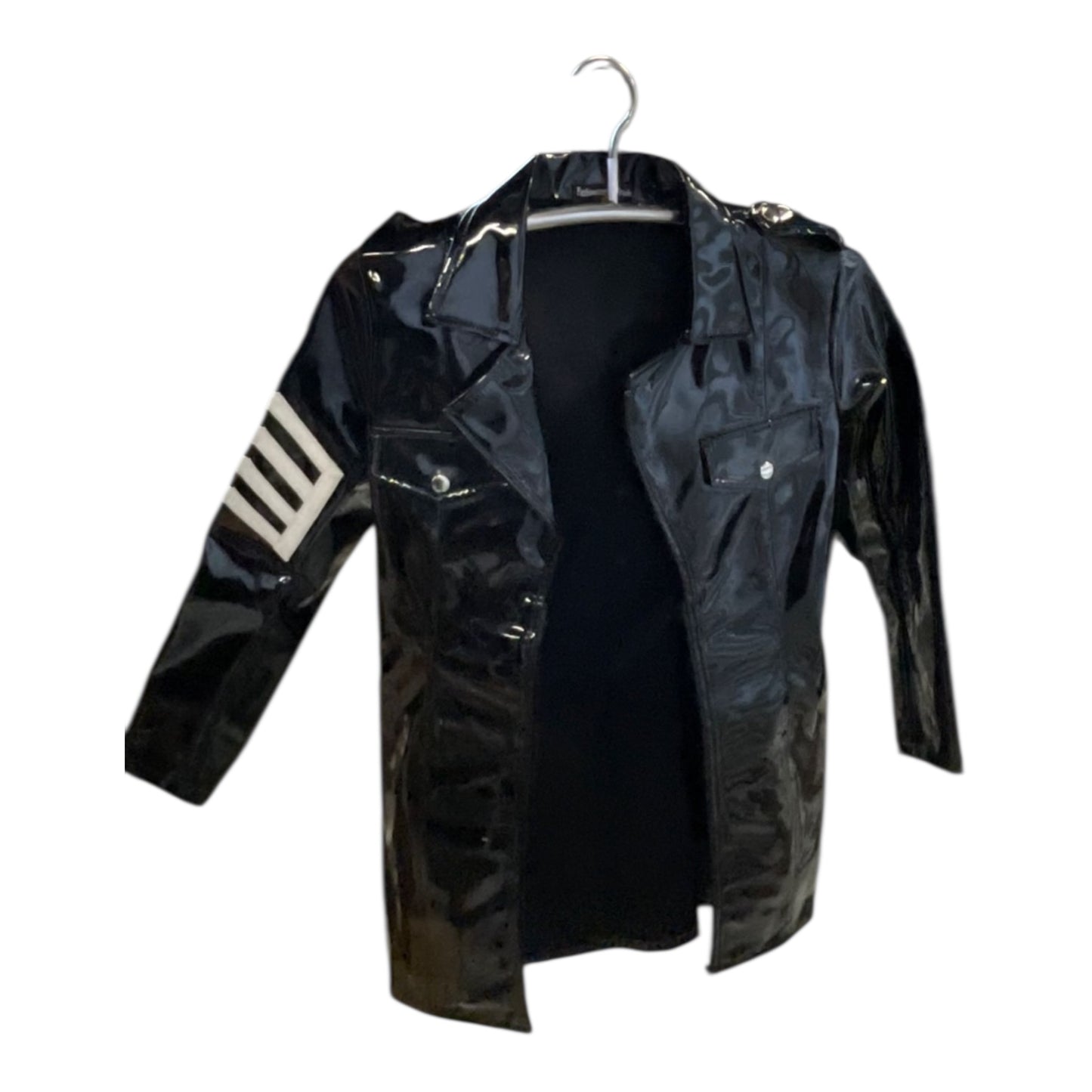 FashionWorld Kinky Glossy Black Mid-Length Coat / Blazer with White Stripe Logo – Size S