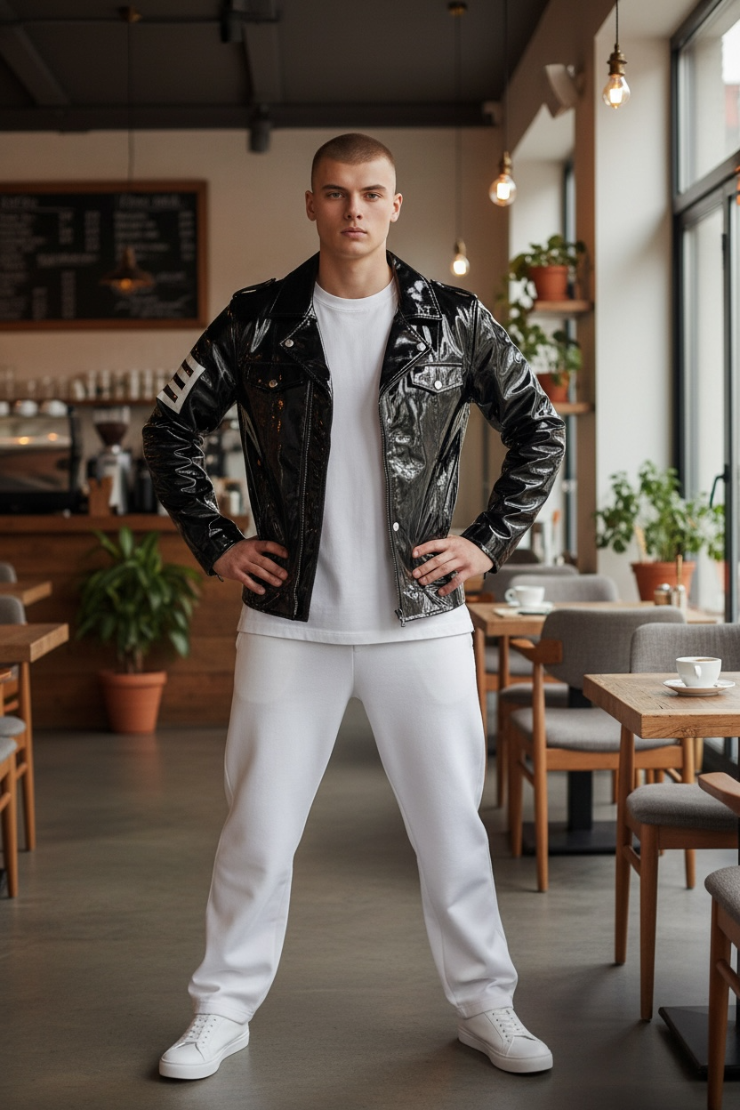 FashionWorld Kinky Glossy Black Mid-Length Coat / Blazer with White Stripe Logo – Size S