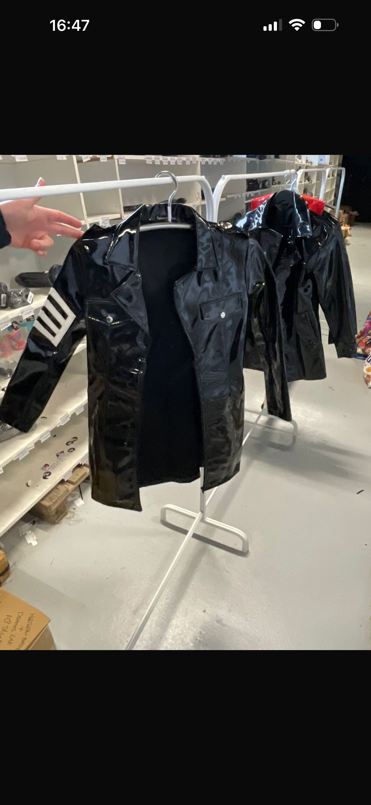 FashionWorld Kinky Glossy Black Mid-Length Coat / Blazer with White Stripe Logo – Size S