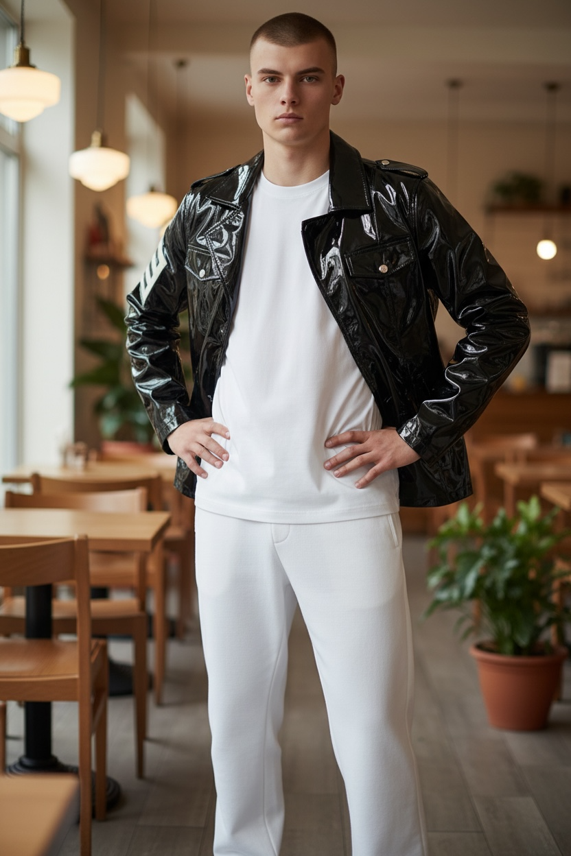 FashionWorld Kinky Glossy Black Mid-Length Coat / Blazer with White Stripe Logo – Size S