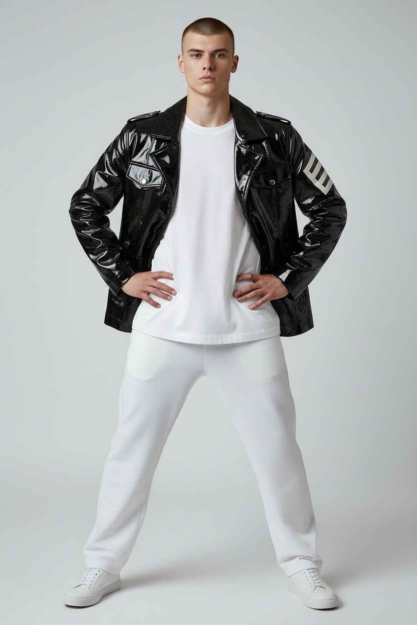 FashionWorld Kinky Glossy Black Mid-Length Coat / Blazer with White Stripe Logo – Size S