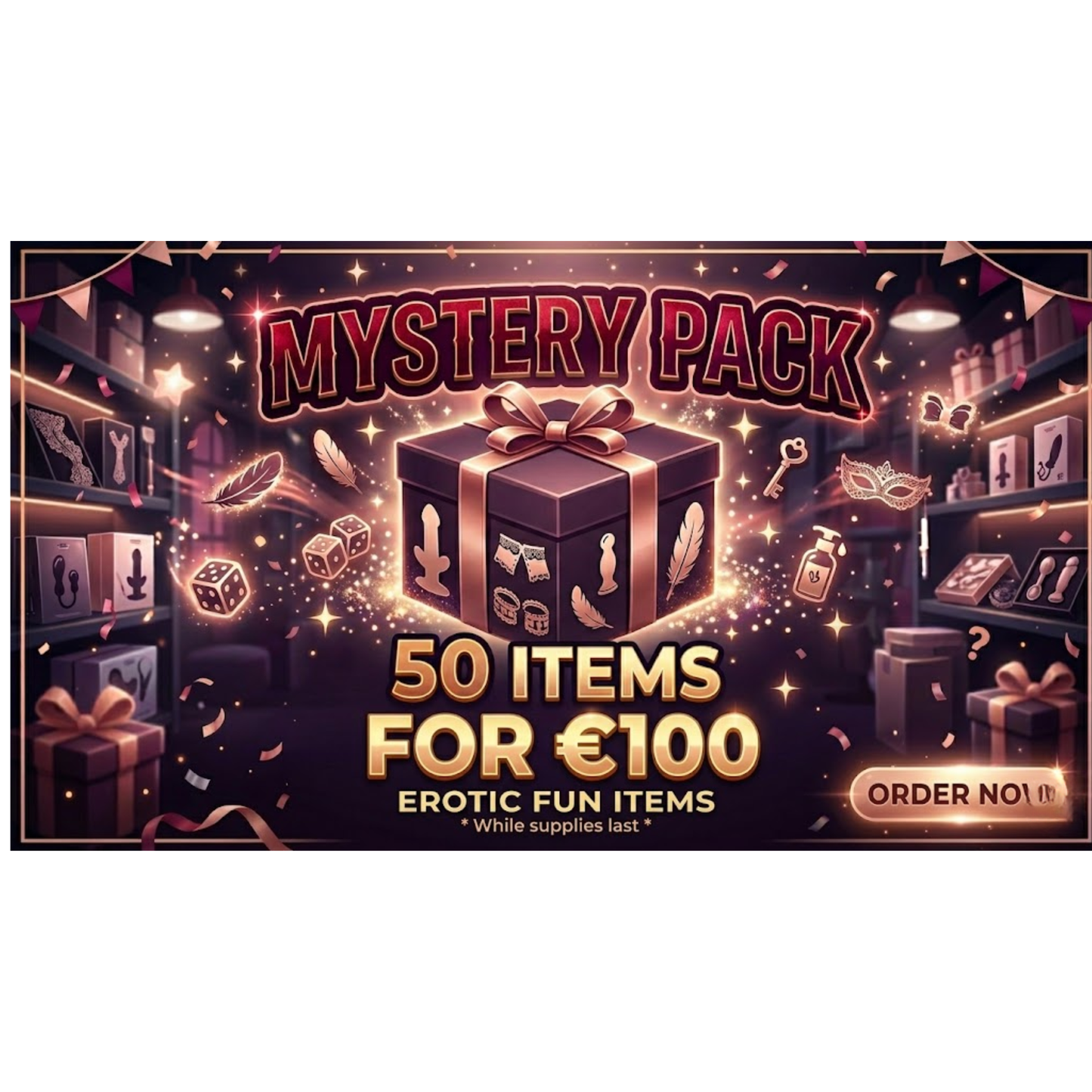 Kinky Pleasure - MYSTERY PACK - Fun Erotic Items – 50 Pieces Surprise Box