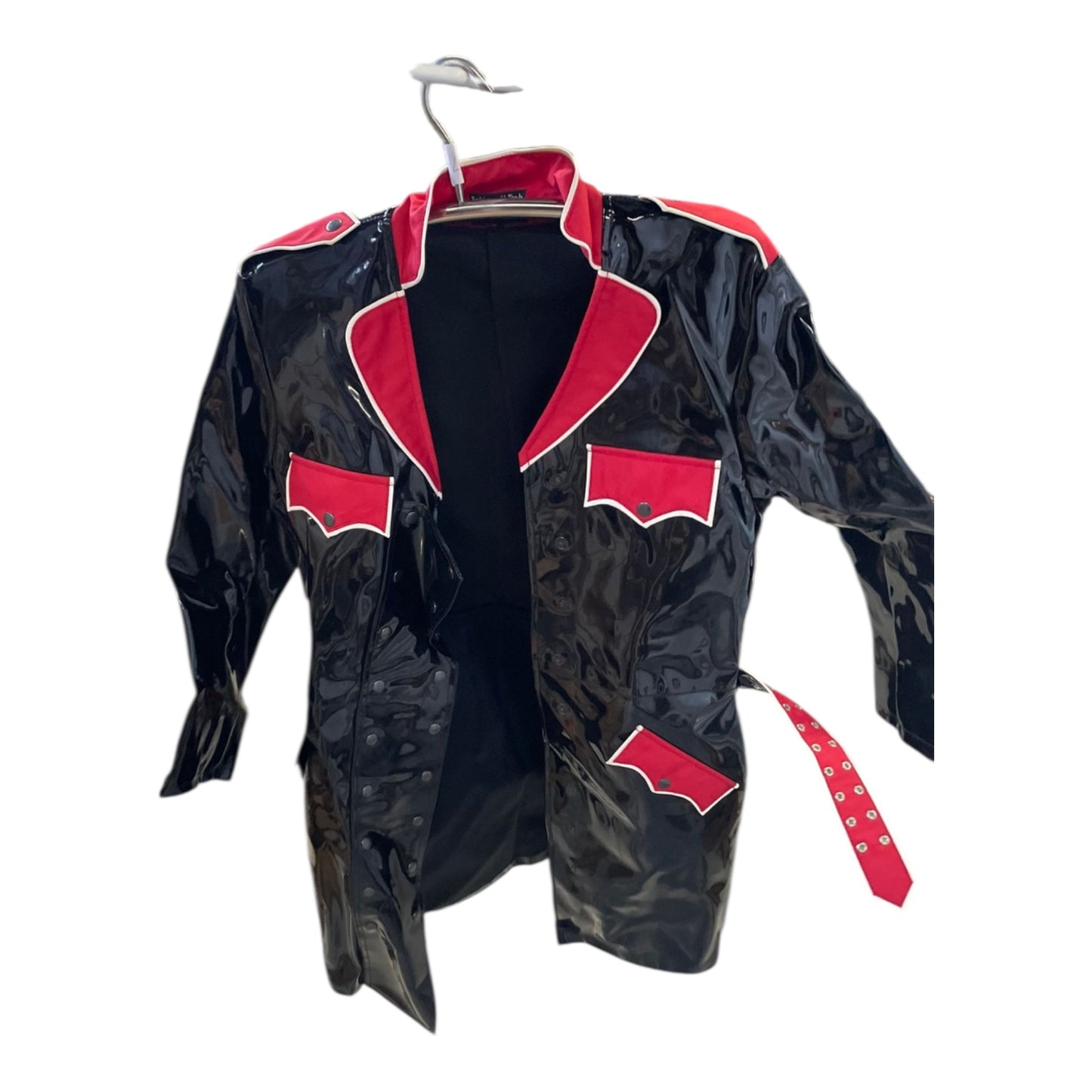 FashionWorld Kinky Glossy Black Long Coat with Red Accents  – Size XL