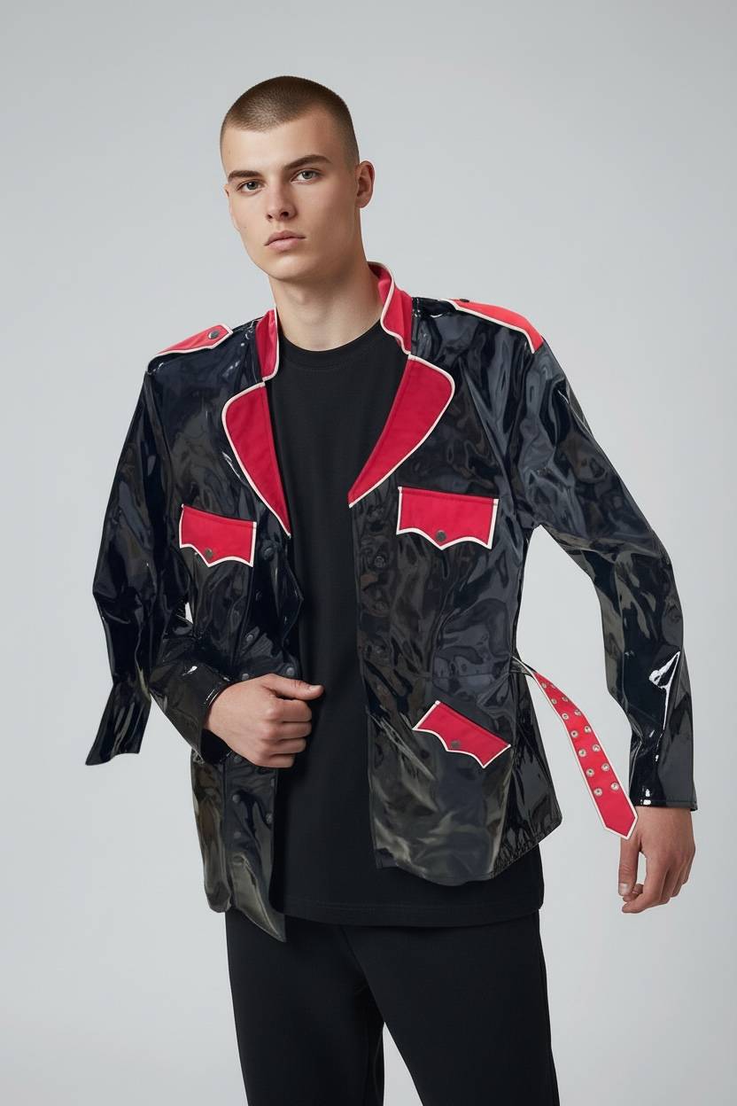 FashionWorld Kinky Glossy Black Long Coat with Red Accents  – Size XL