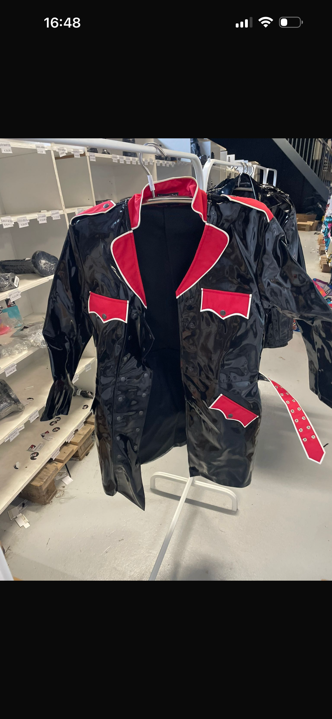 FashionWorld Kinky Glossy Black Long Coat with Red Accents  – Size XL