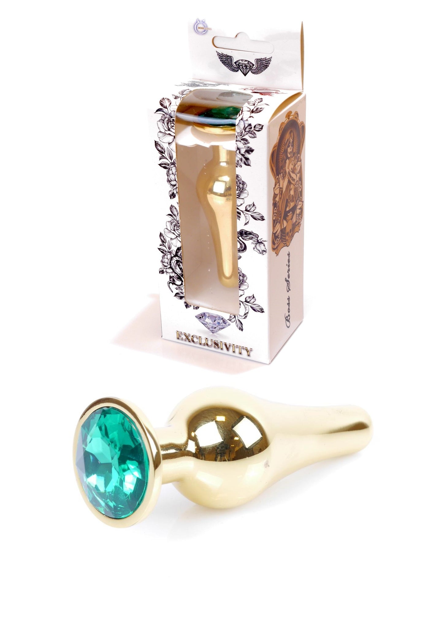 Bossoftoys - 64-00069 - Gold Butt Plug - Anal plug with green stone - length 9,5 m - dia 3 cm - colour window box