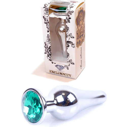 Boysoftoys - 64-00078 - Silver big Butt Plug - anal plug with green stone - length 9 cm - dia 2,9 cm - colour window box