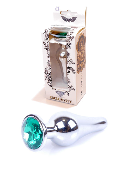 Bossoftoys - 64-00078 - Silver big Butt Plug - anal plug with green stone - length 9 cm - dia 2,9 cm - colour window box