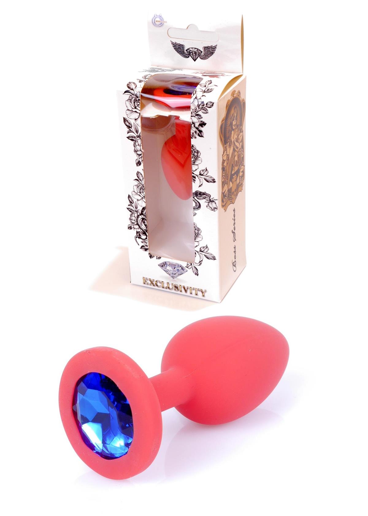 Bossoftoys - 64-00080 - Red Silicone Anal Plug - anal plug with blue stone - length 7 cm - dia 2,7 cm - colour window box