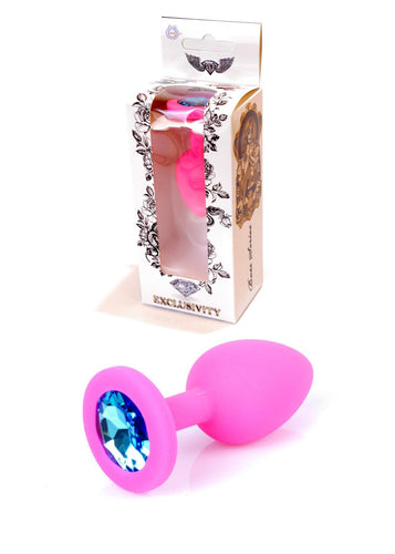 Boysoftoys - 64-00081 - Pink Silicone Anal Plug - anal plug with blue stone - length 7 cm - dia 2,7 cm - colour window box