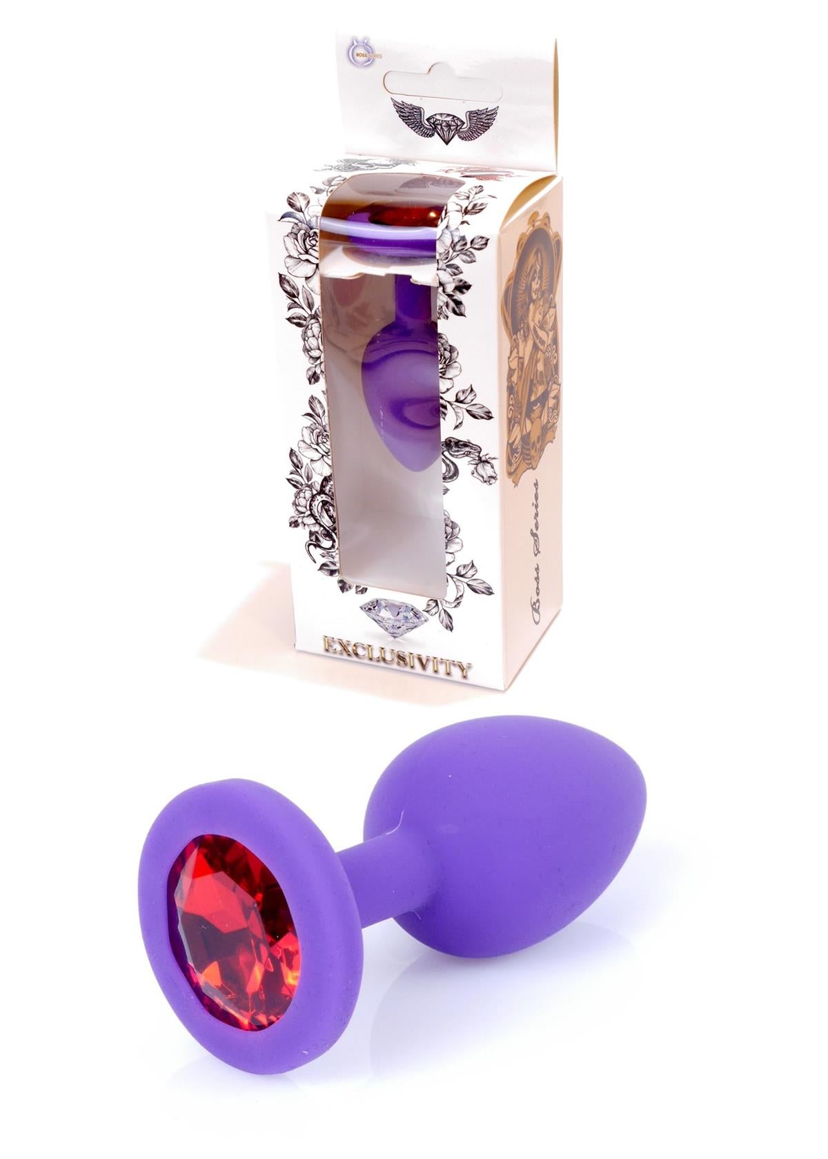 Bossoftoys - 64-00086 -Purple Silicone Anal Plug - anal plug with red stone - Medium size - length 7 cm - dia 2,7 cm - colour window box
