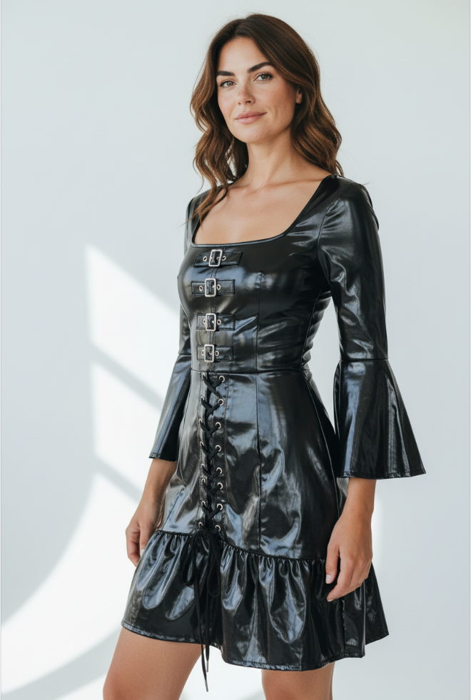 FashionWorld Kinky Glossy Black Open Dress – Size S