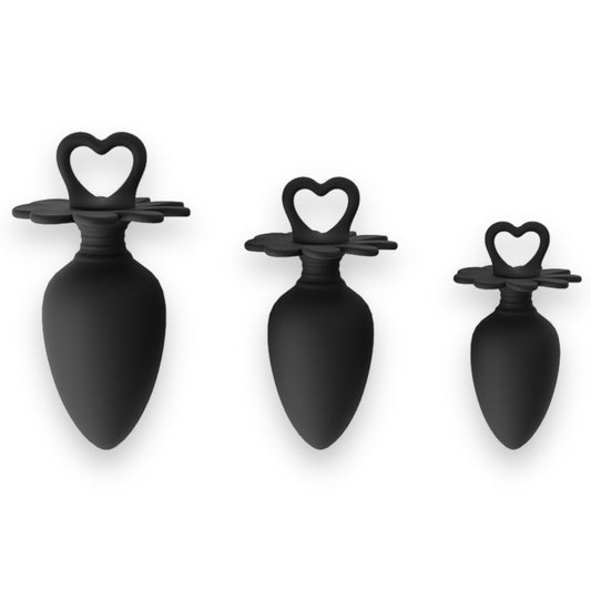 Power Escorts - BR317 - Heart Plug Anal Starter 3-Pack  - S, M & L - Black - quality Silicone - Colour box