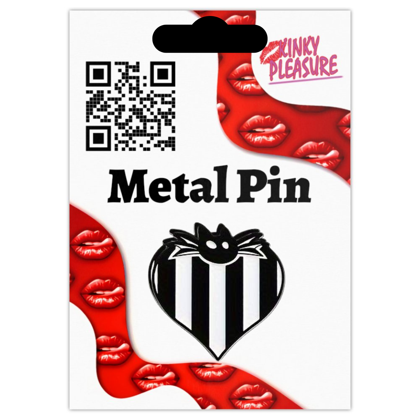 Kinky Pleasure – KPB083 –  Metal Pin -  Striped Bat Heart - Gothic Black & White Design