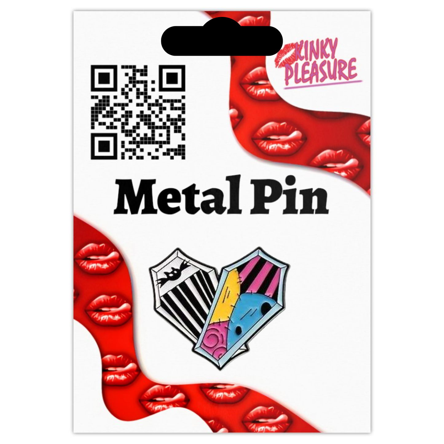 Kinky Pleasure – KPB086 – Metal Pin – Till Death Unites Us – Coffin-Shaped Patchwork Duo