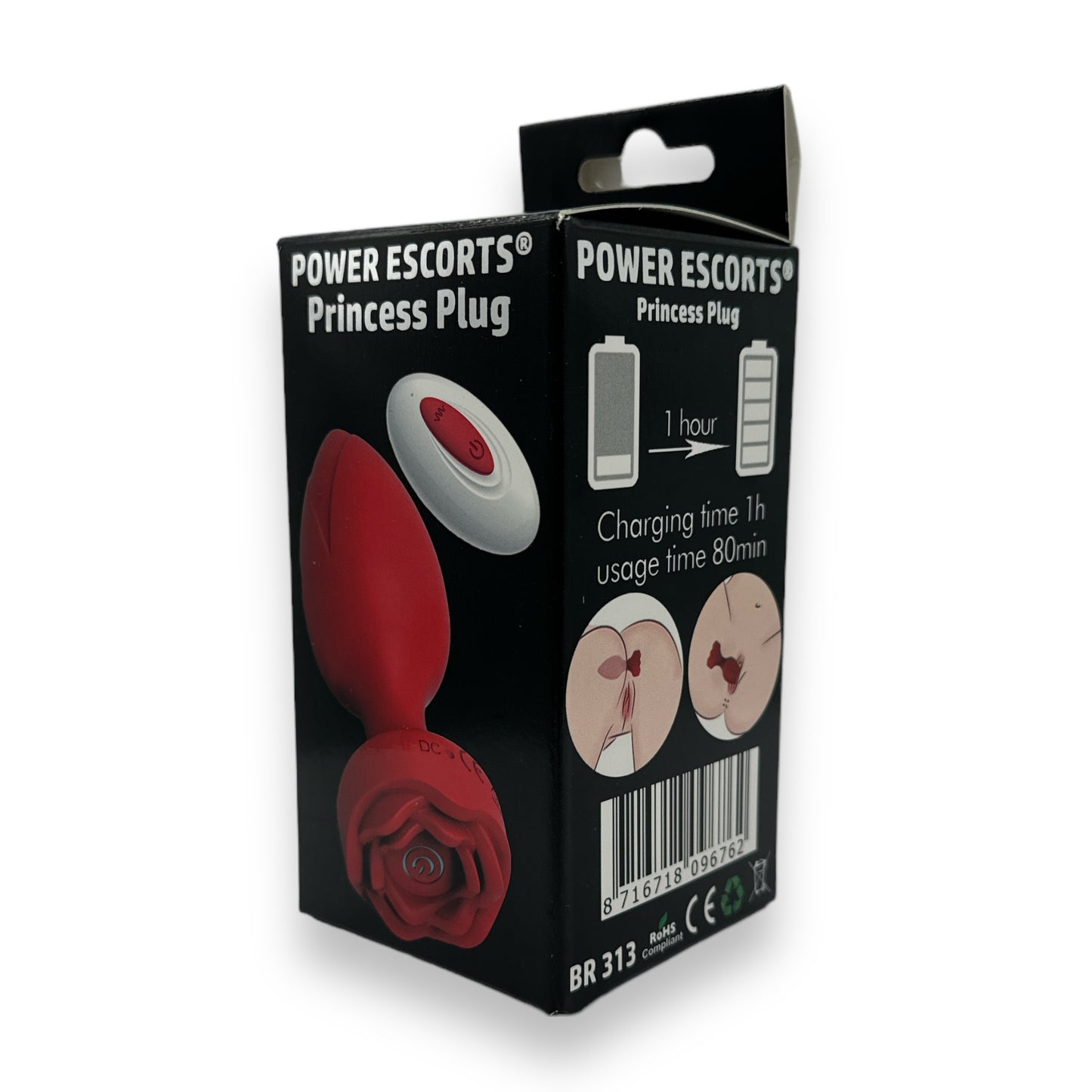 Power Escorts - BR313 - Princess Plug -  Remote Rose Design Plug - USB Rechargeable - 10 Functions - Black