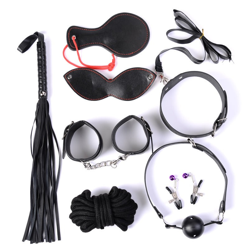 Power Escorts - BR91 - Fetish Power - 8-Pcs Bondage Set - BDSM Bondage Kit - Nipple Clamps, Collar, Handcuffs, Rope, Mask, Paddle, Whip & Ball Gag