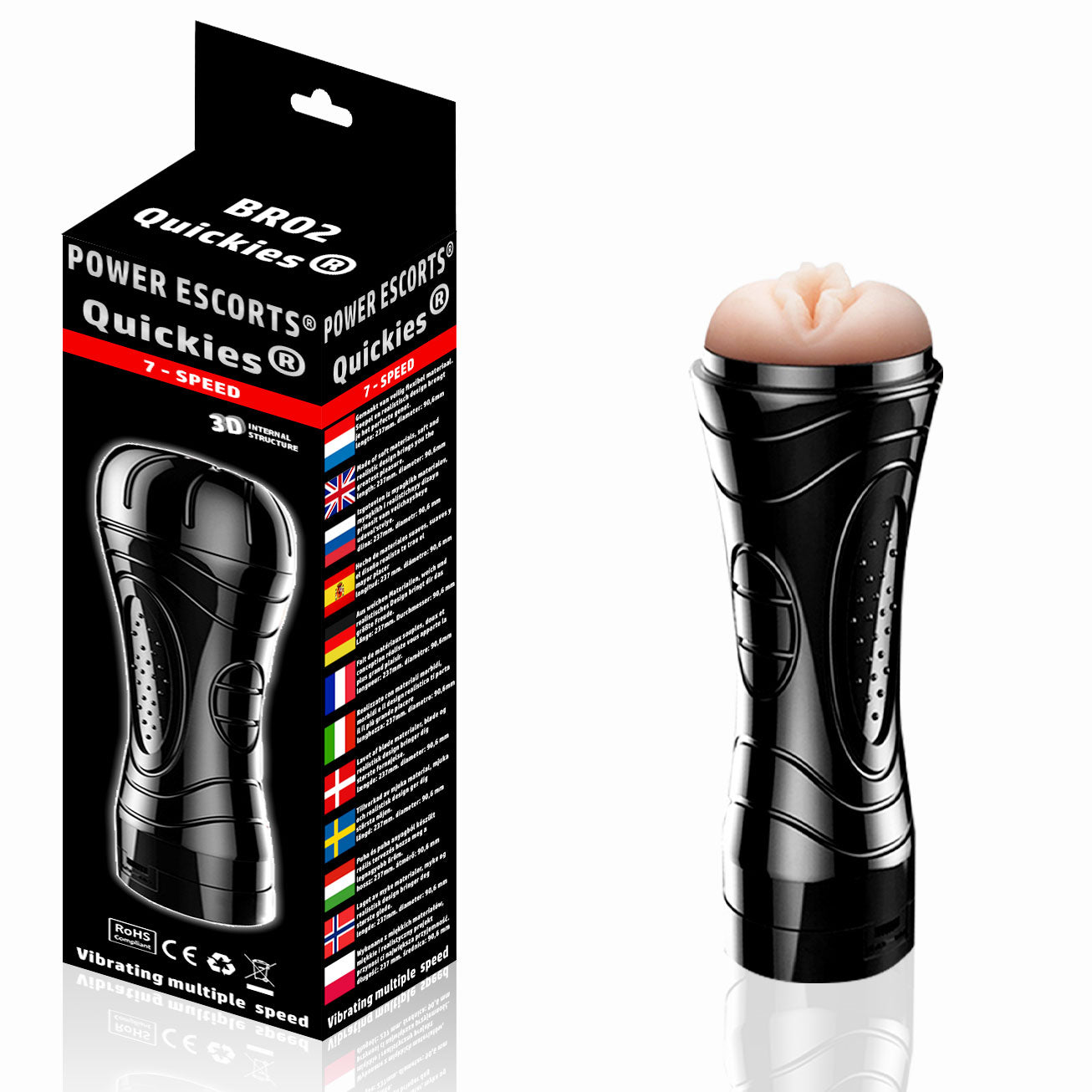 Power Escorts - BR02 - Quickies - Big size Pussy Masturbator -  7-Speed Vibrating - Realistic vagina - 24 CM - Black/Flesh - Brandnew Packaging