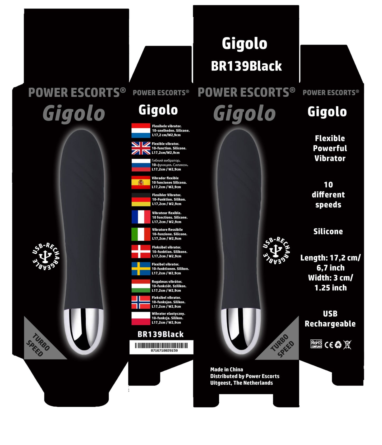 Power Escorts - BR139 Black - Gigolo G Spot Black Vibrator - Rechargeable