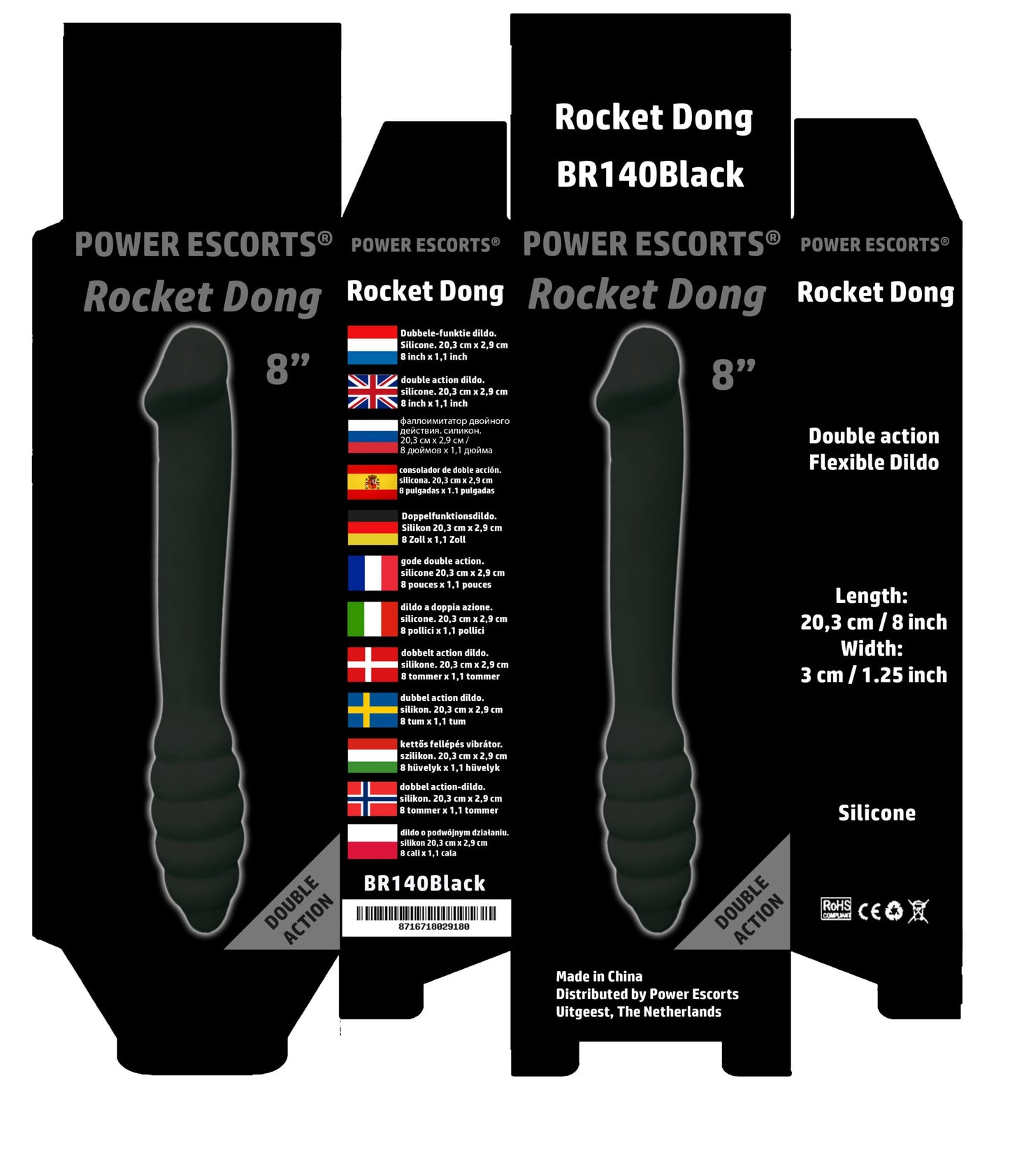 Power Escorts - BR140 Black - Rocket Dong - Double Dildo - Extreme Flexible - Ideal For Starters - 20,4 × 3 CM - Black