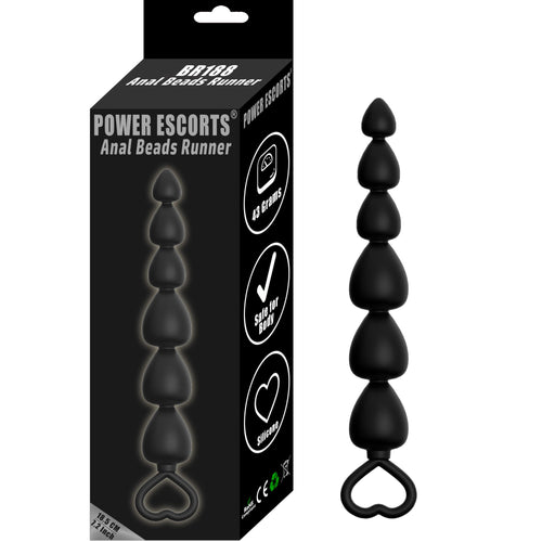 Power Escorts - BR188 - Anal Beads Runner - Black Silicone - Xtra Long size 18,5 cm