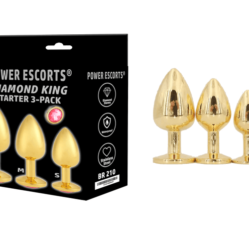 Power Escorts - BR210 Pink - Diamond King Gold Anal Plug Starter 3-Pack Pink Stone
