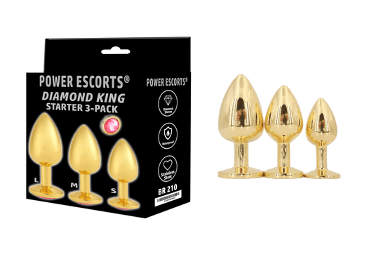 Power Escorts - BR210 Pink - Diamond King Gold Anal Plug Starter 3-Pack Pink Stone