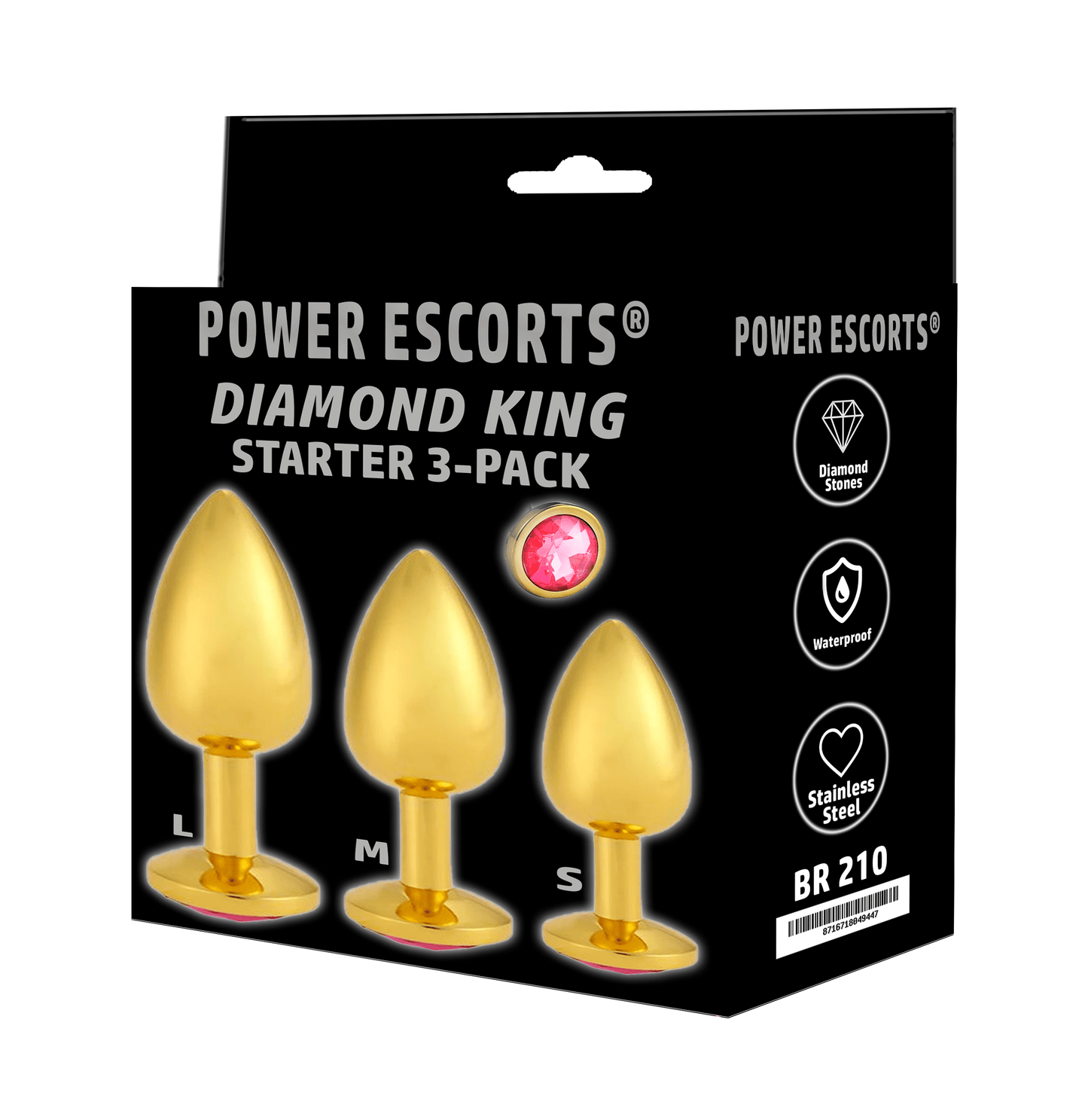 Power Escorts - BR210 Pink - Diamond King Gold Anal Plug Starter 3-Pack Pink Stone
