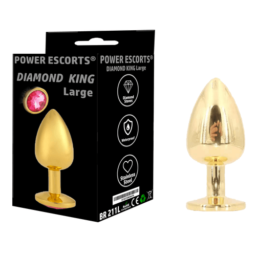 Power Escorts - BR211 Lpink - Diamond King Gold Large Plug Pink Stone - Diameter 4 cm - Length 9.5 cm
