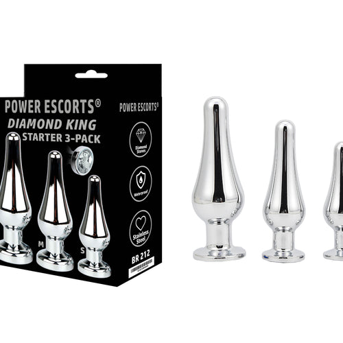 Power Escorts - BR212 Clear - Diamond King Buttplug Starter 3-Pack With Clear Stone - Sizes S, M & L - Length 12,5/11/9,5 cm