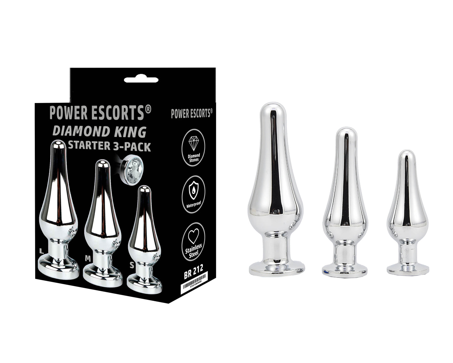 Power Escorts - BR212 Clear - Diamond King Buttplug Starter 3-Pack With Clear Stone - Sizes S, M & L - Length 12,5/11/9,5 cm