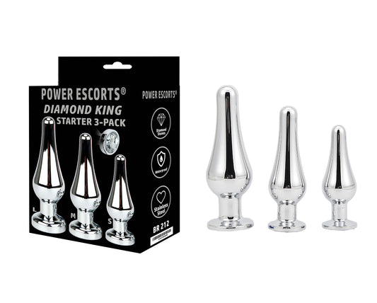 Power Escorts - BR212 Clear - Diamond King Buttplug Starter 3-Pack With Clear Stone - Sizes S, M & L - Length 12,5/11/9,5 cm