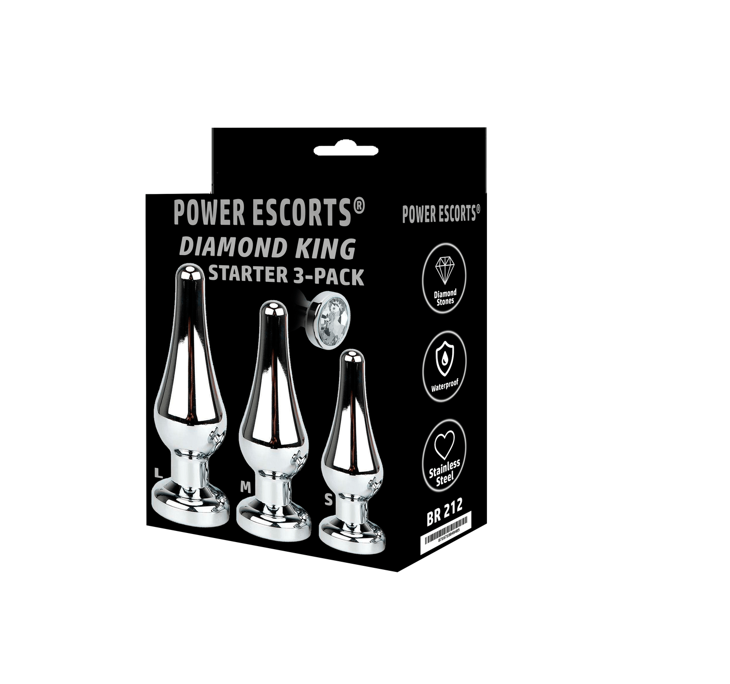 Power Escorts - BR212 Clear - Diamond King Buttplug Starter 3-Pack With Clear Stone - Sizes S, M & L - Length 12,5/11/9,5 cm