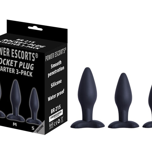 Power Escorts - BR215 - Rocket Plug Anal Starter 3-Pack  - S, M & L - Black - quality Silicone  - No cheap tpe material - Colour box