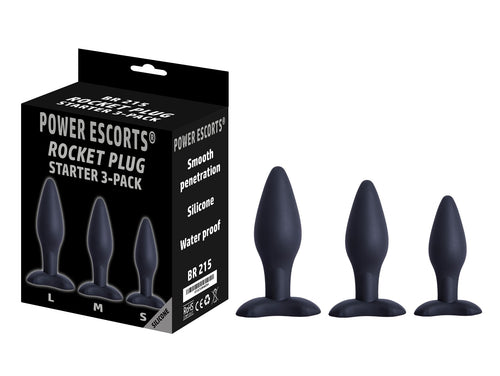 Power Escorts - BR215 - Rocket Plug Anal Starter 3-Pack  - S, M & L - Black - quality Silicone  - No cheap tpe material - Colour box