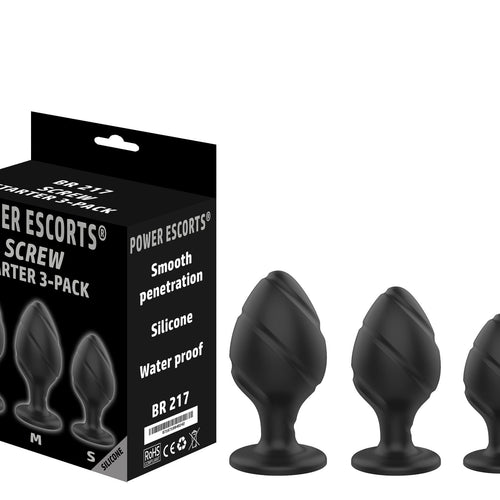 Power Escorts - BR217 - Screw 01 Plug Anal Starter 3-Pack  - S, M & L - Black - quality Silicone - No cheap tpe material - Colour box