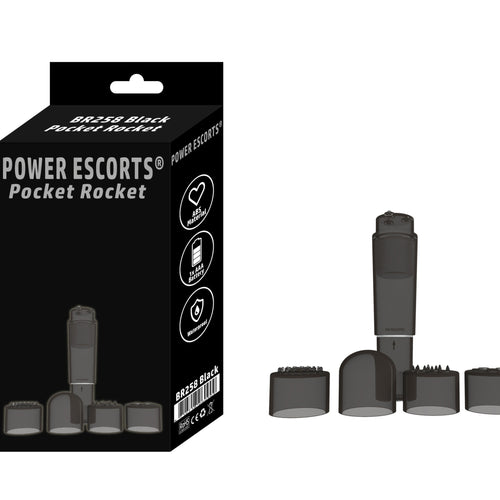 Power Escorts - BR258 - Pocket Rocket - Trendy Black - Mini wand vibrator with 4 different attachments - attractive Colour box