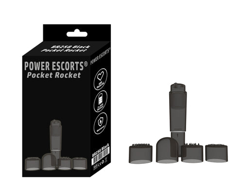 Power Escorts - BR258 - Pocket Rocket - Trendy Black - Mini wand vibrator with 4 different attachments - attractive Colour box