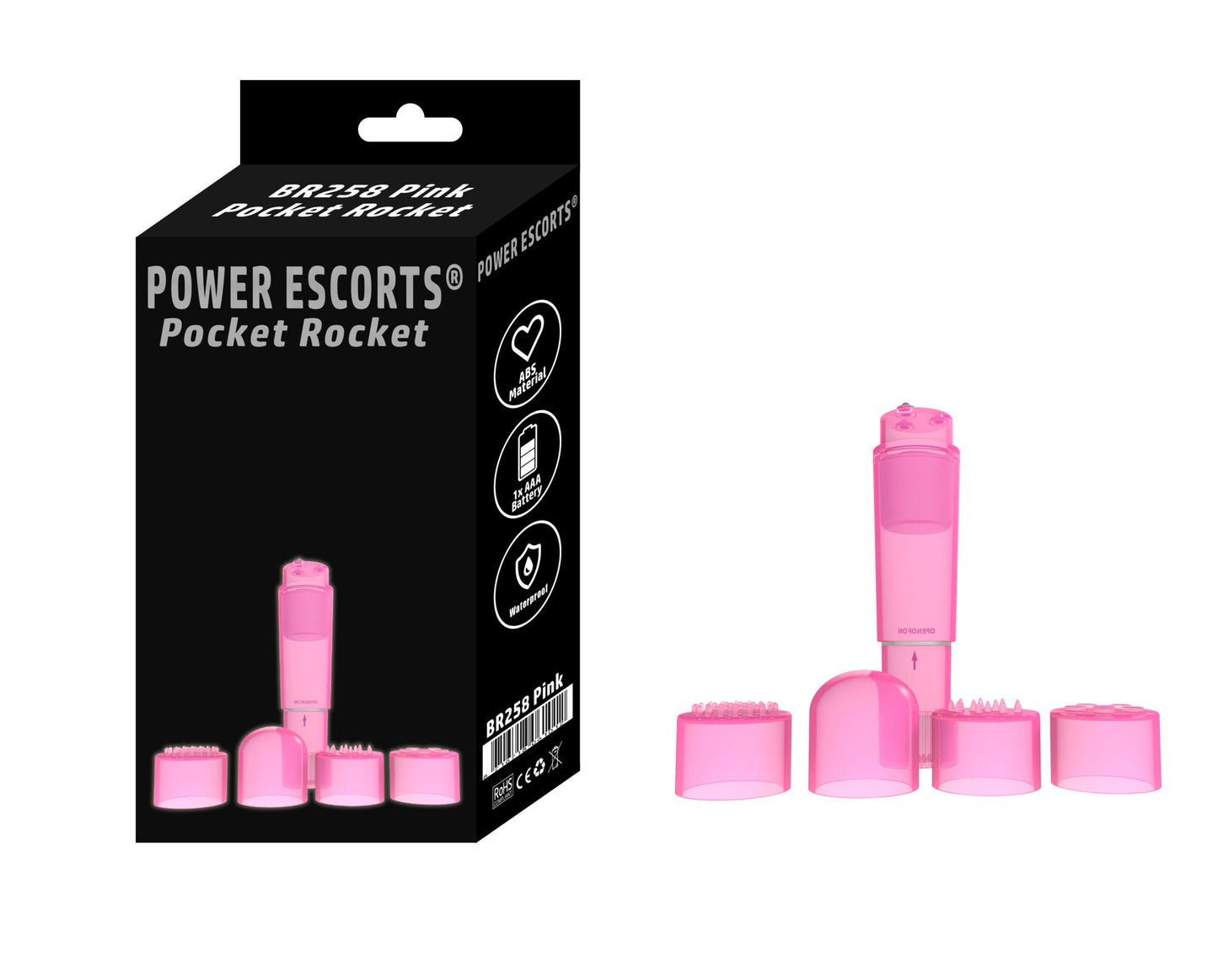 Power Escorts - BR258 - Pocket Rocket - Trendy Pink - Mini wand vibrator with 4 different attachments - attractive Colour box