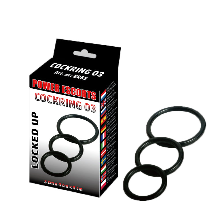 Power Escorts - BR65 - Cockring 03 - 3-Pack Silicone  Penis Rings - Black - Colour box