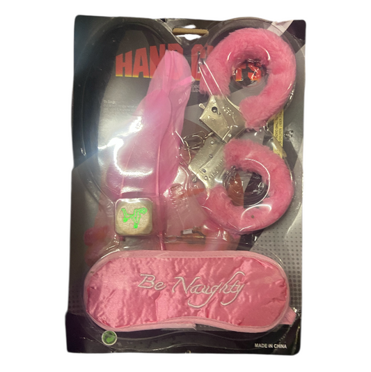 Be Naughty Kinky Party Set – Furry Cuffs, Feather, Blind Mask, Sex Dice – Pink