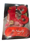 Be Naughty Kinky Party Set - Furry Cuffs / Feather / Blind Mask / Sex Dice - Red