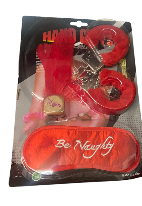 Be Naughty Kinky Party Set - Furry Cuffs / Feather / Blind Mask / Sex Dice - Red
