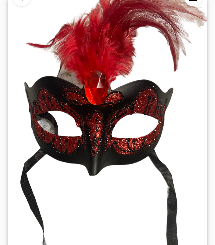 Power Escorts - BR248 Red - Venetian Love Mask Red with Red Stone and Feather on Top - Adjustable Kinky Mask