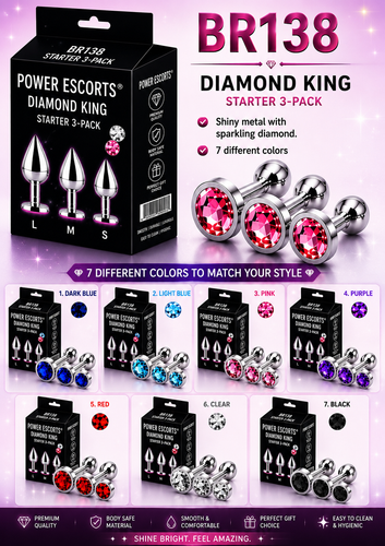 Power Escorts - BR138 - Metallic Anal Plug With Stone - 3 Pack - Colour Box- 7 Colours