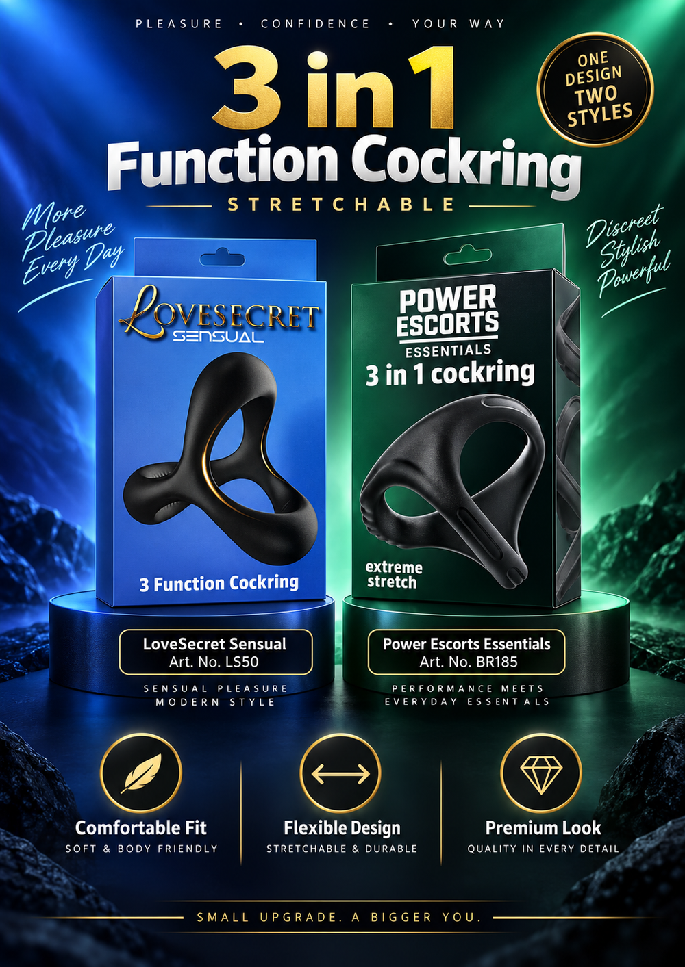 Saving 2 Pack Cockring - LoveSecret & Power Escorts - LS50 + BR185 – 3 in 1 Stretchable Cockring Duo