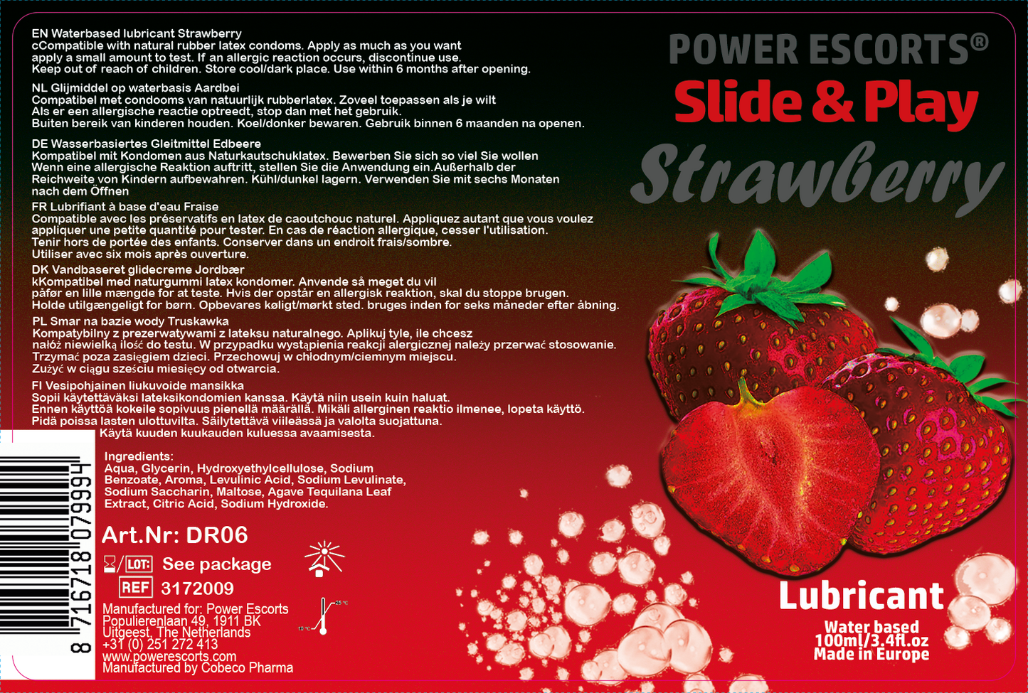 Power Escorts - DR06 - Strawberry Lubricant 100 ML - Slide & Play - Waterbased