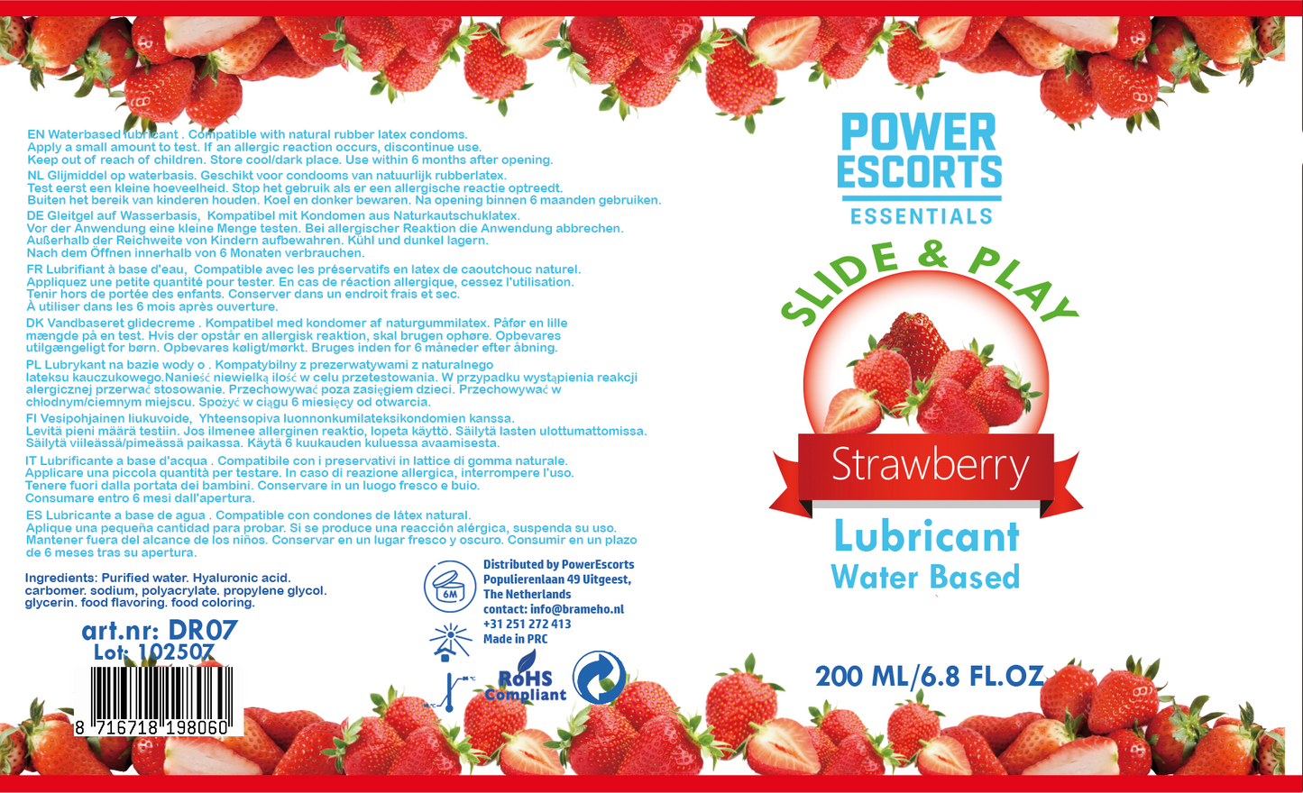 Power Escorts - DR07 - Strawberry Water-Based Lubricant 200ml – Slide & Play Personal Lube